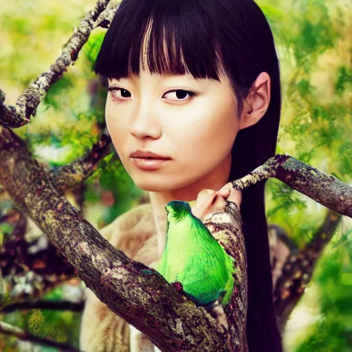 Prompt: portrait of asian girl in the costume of bird, sitting in the tree, jewellery, beautiful face, elegant, stylish, cool, deep gaze, emotionally touching, tenderness, high quality, photo realistic, work in the style of annie leibowitz