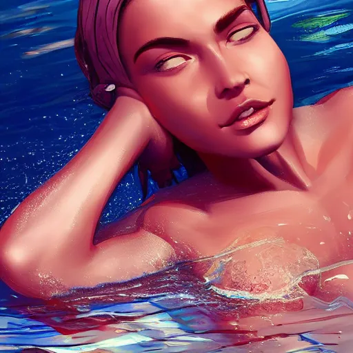 Image similar to beautiful woman getting out of a swimming pool, artstation, highly detailed face, pretty, gorgeous, cute, bikini, warm lighting