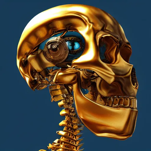 Image similar to hyperdetailed robotic skeleton head with blue human eyes, human eyes, symetry, golden ratio, iconography, intricate, detailed, volumetric lighting, scenery, digital painting, highly detailed, artstation, sharp focus, illustration, artstation, detailed cel shaded