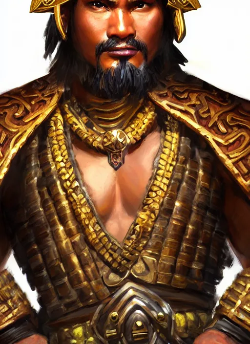 Prompt: smart tai warlord, closeup portrait, historical hero, ethnic group, khmer costume, bronze headset, intricate, with leather armor cross on bare chest, elegant, loin cloth, highly detailed, oil painting, artstation, concept art, matte, sharp focus, illustration, hearthstone, art by earl norem