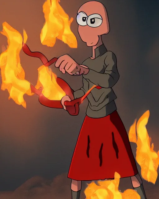 Image similar to squidward wearing fire nation clothing and practicing firebending outside at susnset [ photorealistic ]