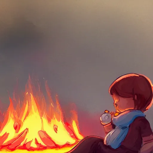 Prompt: child sitting in front of Arabian camp on fire , artstation