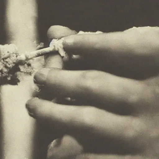 Prompt: Close-up of hand holding cigarette with smoke, vintage photo