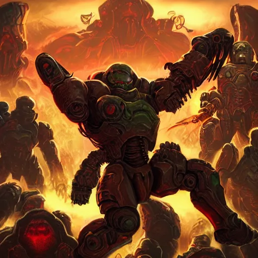 Image similar to Doom slayer on pile of money fighting corporate greed demons, splash screen art, vivid, digital painting