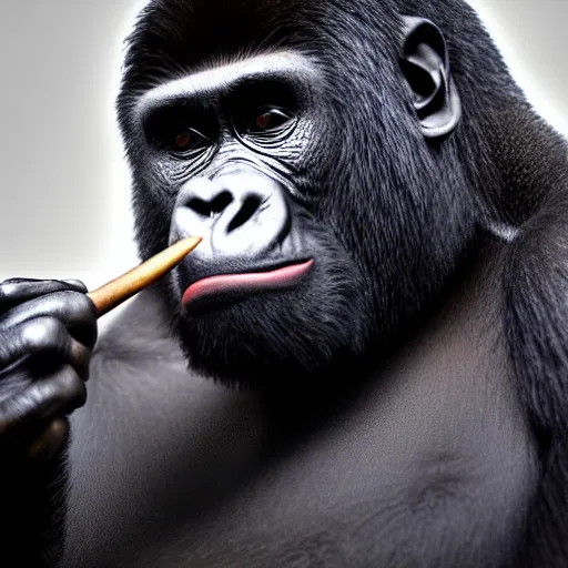 Image similar to a gorilla dressed as a mobster smoking a cigar, cinematic lighting, 4k, realistic