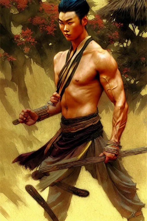 Image similar to wuxia, muscular male, character design, ancient china, colorful, painting by gaston bussiere, craig mullins, j. c. leyendecker, tom of finland