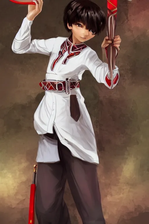 Image similar to young-looking dark-skinned female mage with brown bob-cut hair, wearing white shirt and necklace with grey short-sleeved jacket with red trim, belt, black pants and boots with red lacing, and carrying a wooden staff with floating red crystals. illustrated by Viorie