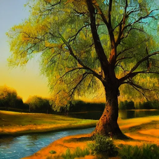 Prompt: the most beautiful landscape you've ever seen, trees, river, oil on canvas