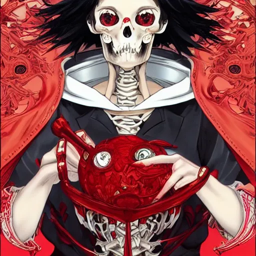 Image similar to anime manga skull portrait young woman skeleton, red riding hood, unreal engine, intricate, elegant, highly detailed, digital art, art by JC Leyendecker and sachin teng