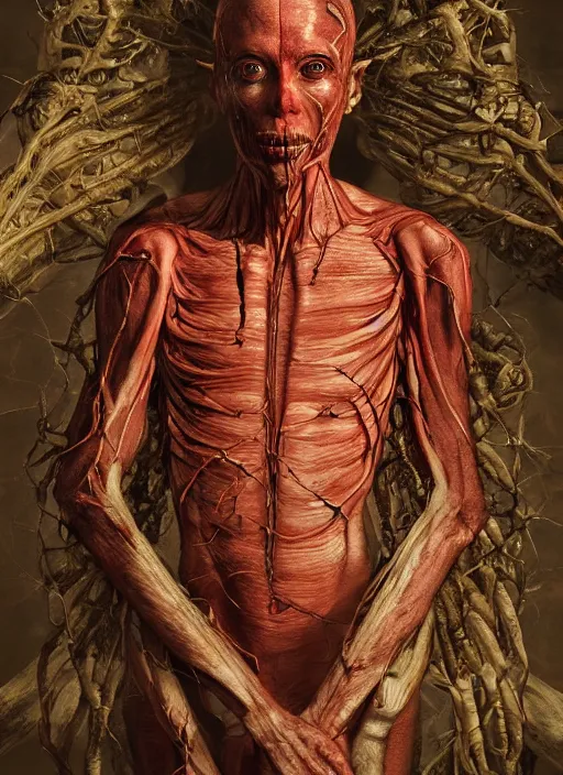 Image similar to portrait of Paimon, one of the kings of hell with translucent skin, visible muscles and veins and arteries and bones and spines and nerves, beautiful detailed intricate insanely detailed octane render, 8k artistic photography, photorealistic, chiaroscuro, by David Cronenberg, Raphael, Caravaggio