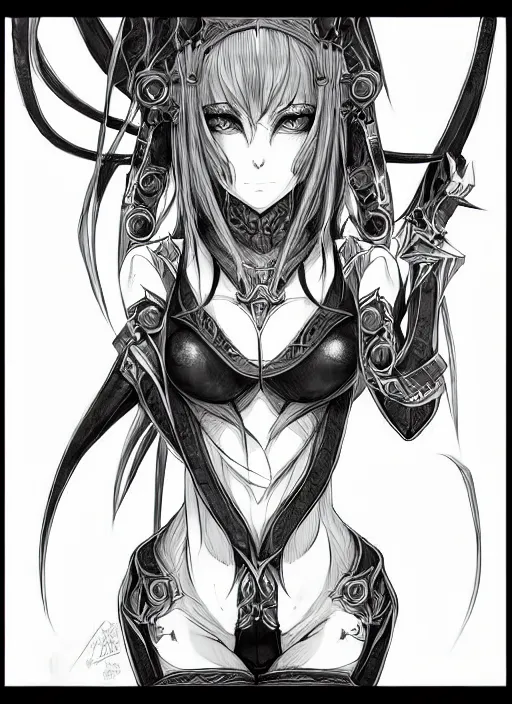 Prompt: symmetry!! concpet art, full shot, traditional ink!, sketch!! of a anime female demon, line sketch!!, intricate, elegant, highly detailed, monochrome, digital painting, artstation, concept art, sharp focus, illustration, art by borderlands 3