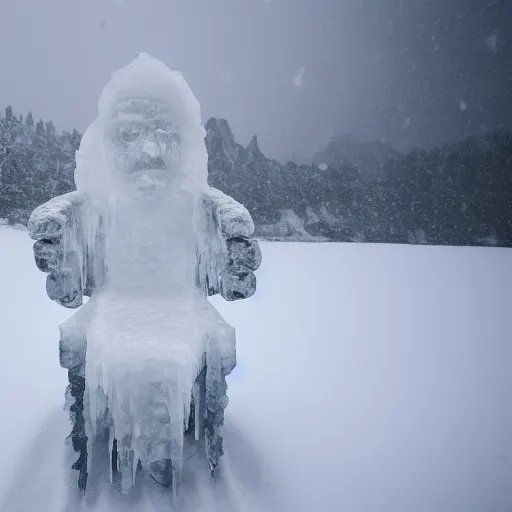 Prompt: an old man made of ice sitting on a throne on the top of a mountain during a snowstorm, front view, 8 k, high quality