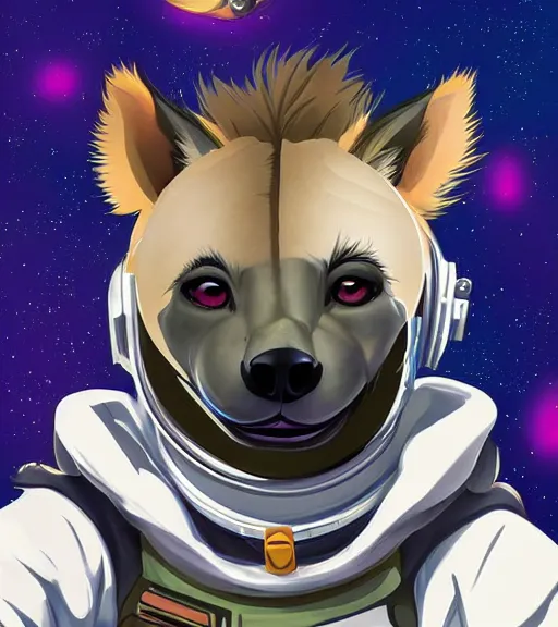 Prompt: digital detailed art of furry female hyena, in style of zootopia, fursona, furry, furaffinity, deviantart, wearing astronaut outfit, floating in space, space background, hyena fursona, cyberpunk, detailed face, style of artgerm,