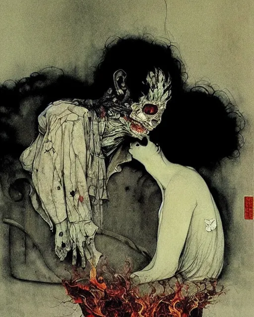 Image similar to an old dead couple sitting on an old couch in an old apartment watching the televison on fire,  Francisco Goya painting, part by Beksiński and EdvardMunch. art by Takato Yamamoto and Peter Mohrbacher, Francis Bacon masterpiece