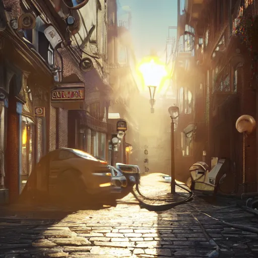 Prompt: Photorealistic steampunk city streets. Daylight. Sunlight. Lens flare. Light fixtures. 8K. Detailed. Photorealism. Artstation. 25mm.