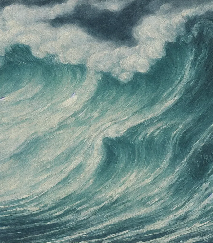 Prompt: an impasto oil painting of one single beautiful hawaiian wave painted by albrecht durer, monochromatic color scheme, high detail, breathtaking wave, lineart, line art, soft colors, simplicity