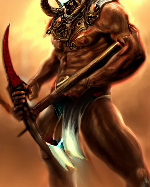 Image similar to minotaur from path of exile wielding 2 hand axe, portrait, anime, digital painting, highly detailed, intricate, trending on artstation