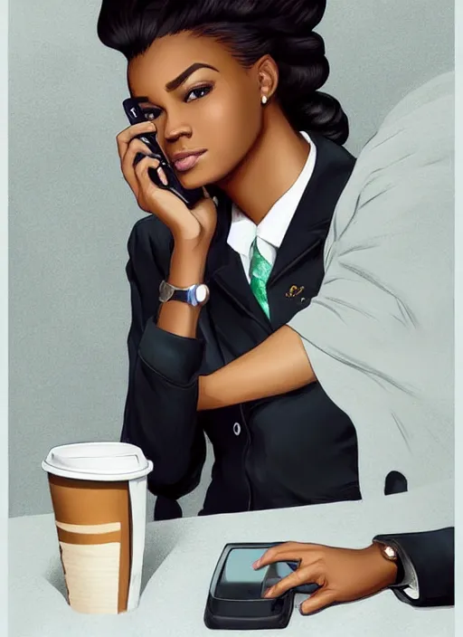 Prompt: detailed digital painting of beautiful black woman in corporate attire holding a cell phone and steaming coffee mug, fanart behance trending on artstation, concept art, matte, sharp focus, illustration, corner office background, art by artgerm and greg rutkowski and alphonse mucha