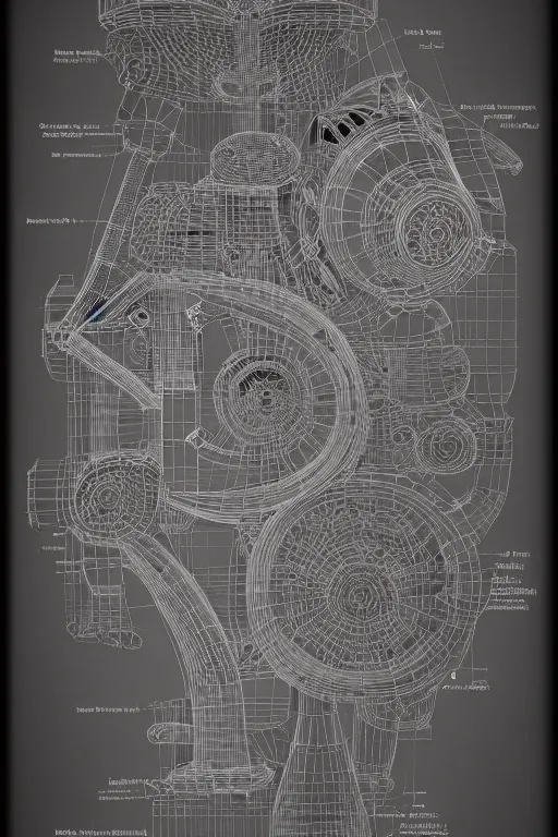 Image similar to A concept of a detailed and intricate design of a mechanical deconstructor 3d design, great finesse organic hyper detailed, engineering blueprints, technical drawings, calculus, stained paper