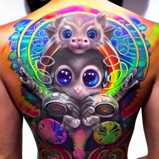 Image similar to shoulder back tattoo of a multicolored cute bush baby with headphones scratching on a dj desk, eyes are colorful spirals, surrounded with colorful magic mushrooms and rainbowcolored marihuana leaves, insanely integrate