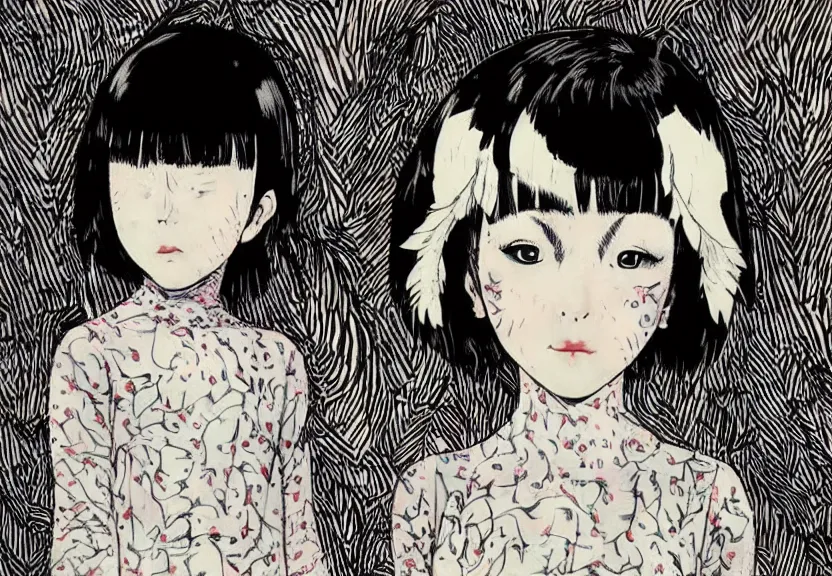 Image similar to beautiful little girl with a short black haircut wearing a dress made of black feathers, artwork in junji ito art style, anatomically perfect