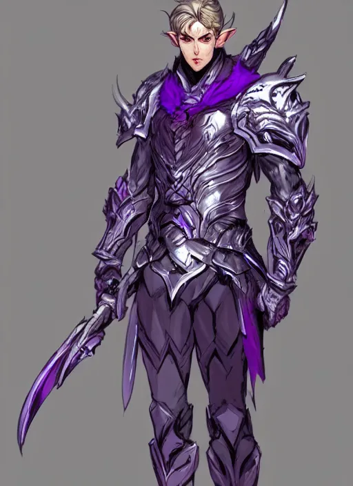 Prompt: Half body portrait of a handsome elven aristocrat with short hair wearing purple heavy armor. In style of Yoji Shinkawa and Hyung-tae Kim, trending on ArtStation, dark fantasy, great composition, concept art, highly detailed, dynamic pose.