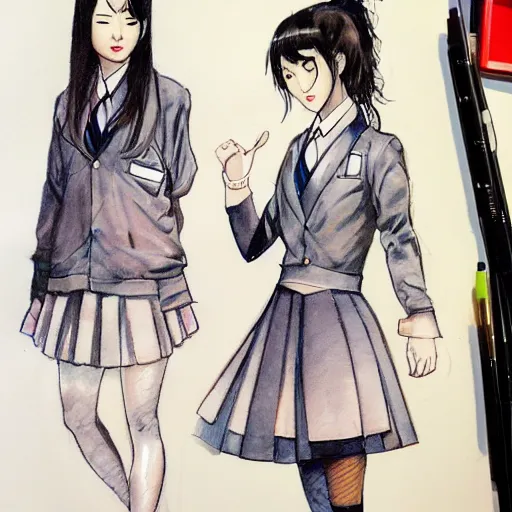 Image similar to a perfect, realistic professional concept sketch of two Japanese schoolgirls posing, in style of Marvel and DC, full length, by pen and watercolor, by a professional American senior artist on ArtStation, a high-quality hollywood-style sketch, on high-quality paper, 1980s