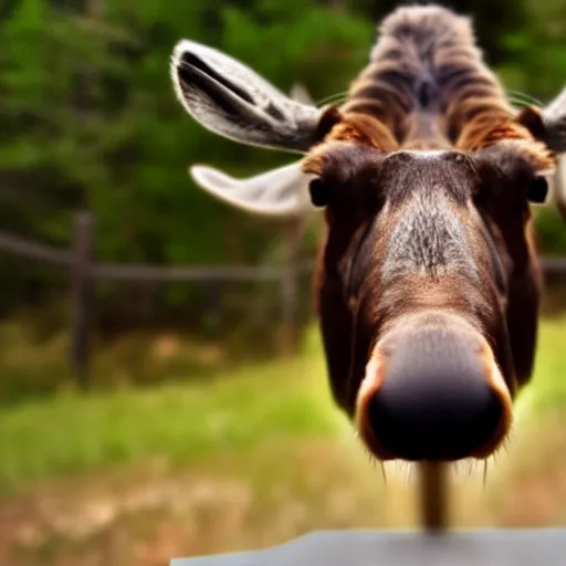 Prompt: close - up photo of a moose sniffing the camera