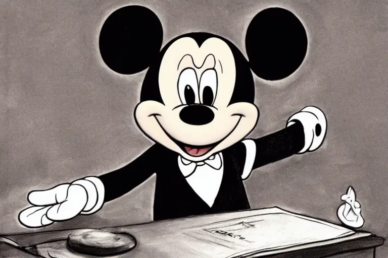 Image similar to courtroom sketch of vintage disney character mickey mouse presenting evidence of copyright infringement to the judge