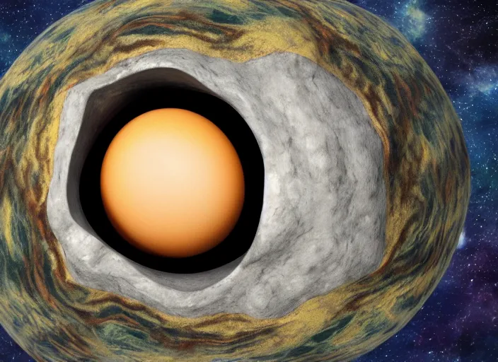 Prompt: 3d render of a fried egg shaped planet flowing and flying through interstellar deep space depicted by Hieronymus Bosch, horror element, octane render