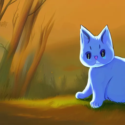 Image similar to illustration of glowing cute blue cat, field and tree, detailed concept art, artstation, warrior cats, shading,