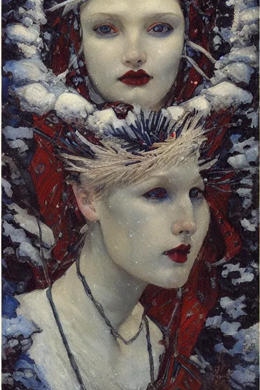 Image similar to goth queen of winter in the snow by Annie Swynnerton and Nicholas Roerich, strong dramatic cinematic lighting , ornate headdress , flowing robes, lost civilizations, smooth, sharp focus, extremely detailed