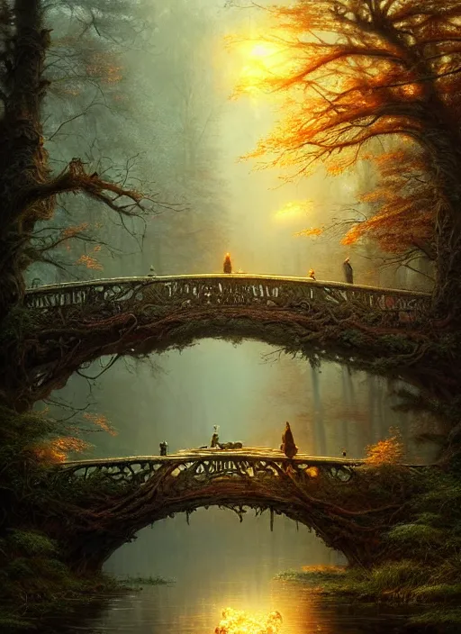 Image similar to old bridge, fantasy forest landscape, fantasy magic, light night, intricate, elegant, sharp focus, illustration, highly detailed, digital painting, concept art, matte, art by wlop and artgerm and ivan shishkin and andrey shishkin, masterpiece