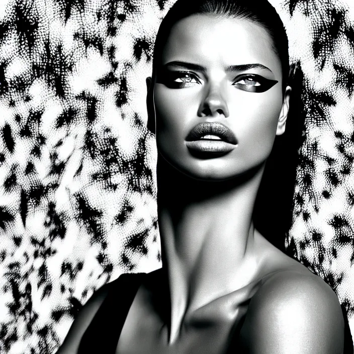 Prompt: photography face portrait of a beautiful woman like adriana lima, black and white photography portrait, skin grain detail, high fashion, studio lighting film noir style photography, on a tropical wallpaper leaves patern background by richard avedon, and paolo roversi, nick knight, hellmut newton,