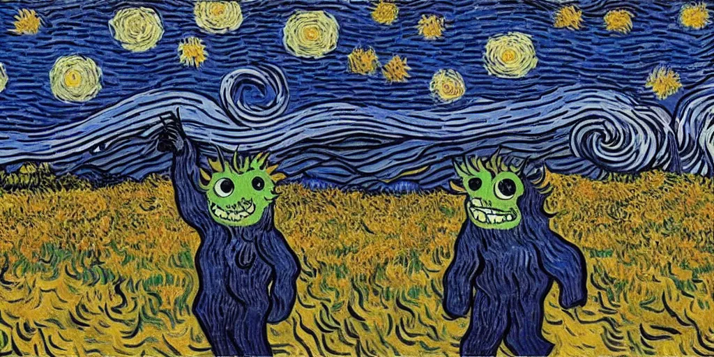 Prompt: monster standing in a field with colorful sunflowers during a starry night by Vincent van Gogh