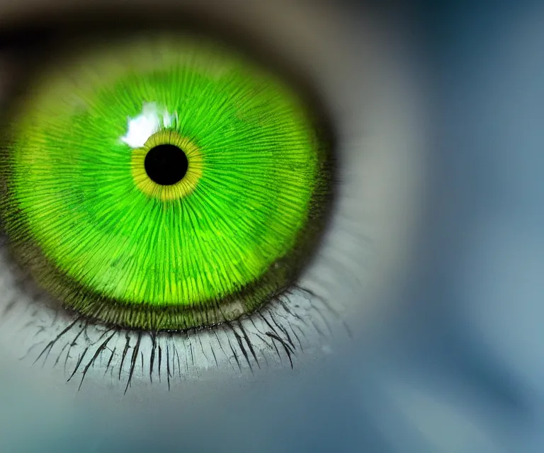 Prompt: close up of a green eye iris, perfect composition, symmetrical, blue electrical sparks, macro lens, 7 0 mm, highly detailed, photorealistic