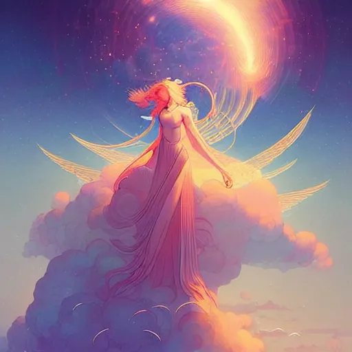 Prompt: an angel of the dawn light, in the heavens by victo ngai, peter mohrbacher digital art