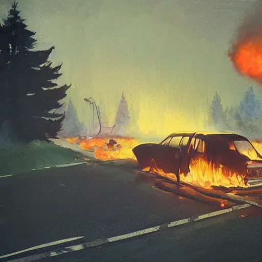 Image similar to the burnt frame of a car on fire on the side of the road in wither, by simon stalenhag