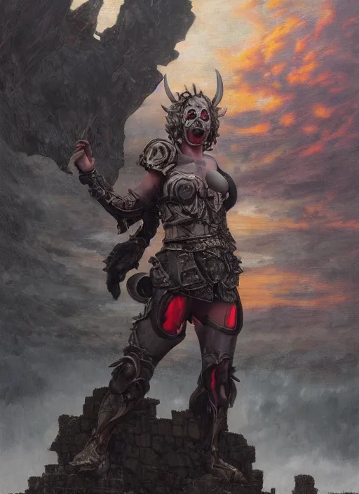 Prompt: portrait of a diabolical cyborg clown warrior girl, torn cape, adaptive armor, dynamic pose, heavy eyes to the side, ancient ruins, glowing veins subsurface scattering, in clouds, sunset, portrait, by gerald brom, by mikhail vrubel, by peter elson, muted colors, extreme detail, reflections, trending on artstation, 8 k