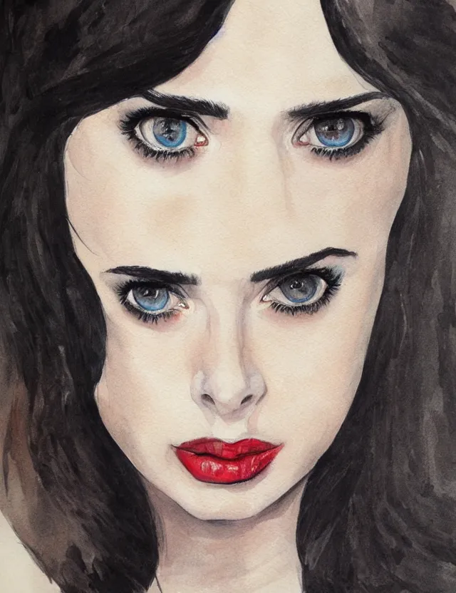 Image similar to portrait of a young krysten ritter as the black widow from marvel, beautiful eyes, aquarelle, realistic painting, freckles, 1 / 4 headshot