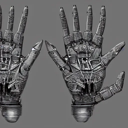 Prompt: parts diagram of a cybernetic hand with all parts labeled, intricate and detailed assembly drawing of a cybernetic hand 🤚, symmetrical fine details, jaw dropping details, fantasy concept art, hyper realistic illustration, 8 k, artstation