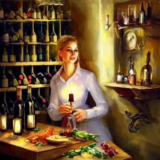 Image similar to wine cellar full of food, torches on the wall, schnapps, romantic, inviting, cozy, blonde woman, painting Vladimir Volegov