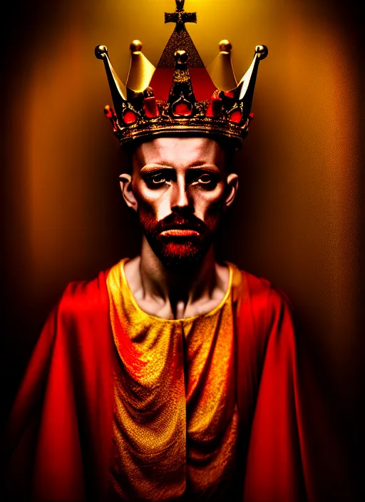 Image similar to 'Portrait of Crowned King Arthur' by Lee Jeffries royally decorated, whirling plasma, atmospheric motes, red and gold Sumptuous garb, gilt silk fabric, radiant colors, fantasy, perfect lighting, studio lit, micro details,