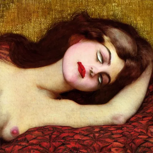 Image similar to reclining on bed, hybrid of judy garland and lady gaga, aged 2 5, brown fringe, huge downslanted eds eyes, large full lips, wide shot, yellow ochre ornate medieval dress, john william waterhouse, kilian eng, rosetti, john everett millais, william holman hunt, william morris, 4 k