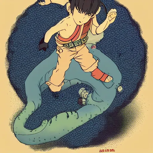 Image similar to a viscerous hyperdetailled character design illustration of the tiny boy in a giant world, scales, size, huge, wanderer in the tree universe, style of studio ghibli, artgerm ( ukiyo - e influence )