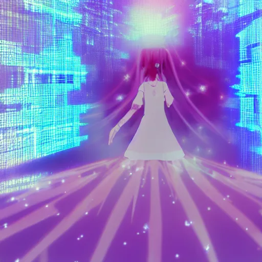 Prompt: Anime of girl in white dress dancing, halo over her head, glitchy, glitch art, Chromatic aberration, nobody knows the future