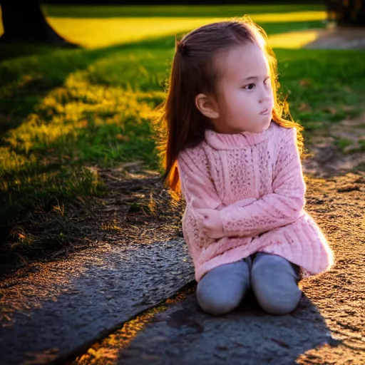 Prompt: close up shot 50mm young girl golden hour in park by lake