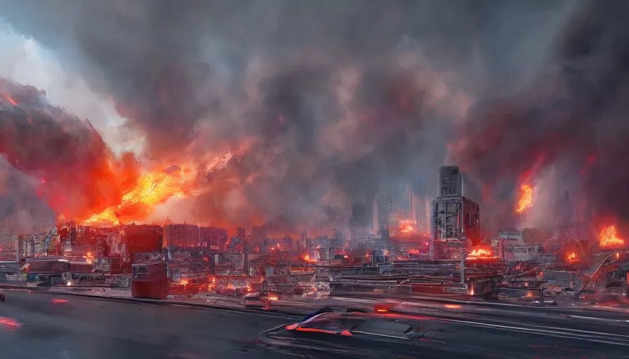 Prompt: Movie scene of a fire tornado in a middle of a city by Stephen Mcmennamy, hyperdetailed, artstation, cgsociety, 8k