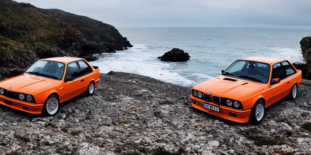 Image similar to orange bmw e30 m3 driving off a cliff into the ocean