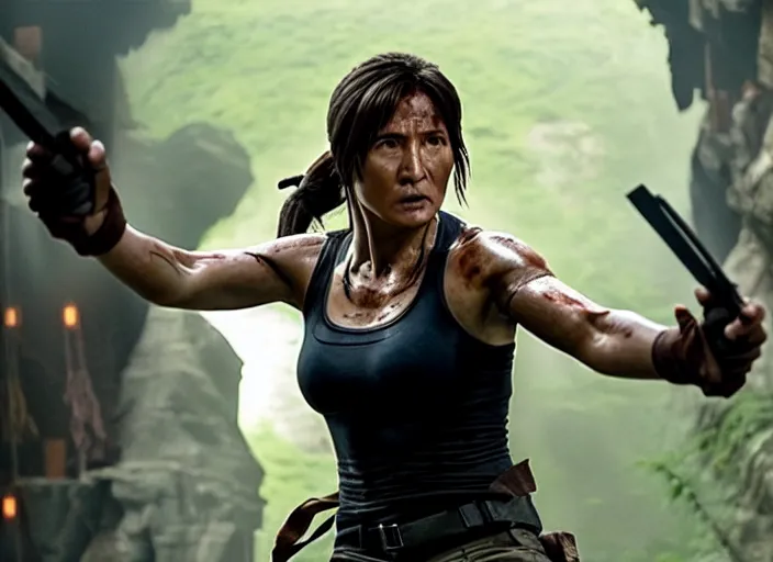 Image similar to film still of!!!! jackie chan jackie chan jackie chan!!! as lara croft in new tomb raider movie, 8 k